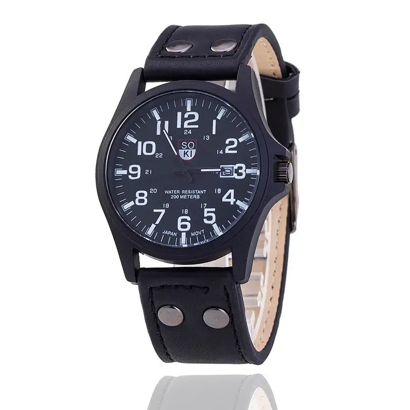 Men's Black Quartz Calendar Watch with Leather Strap