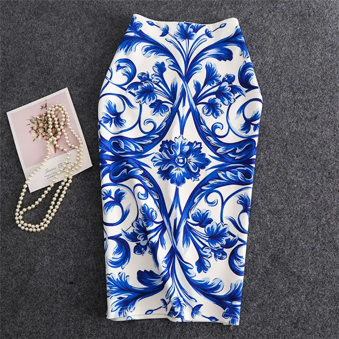 Light Blue Black Embroidered Pencil Skirt for Women - Image 13