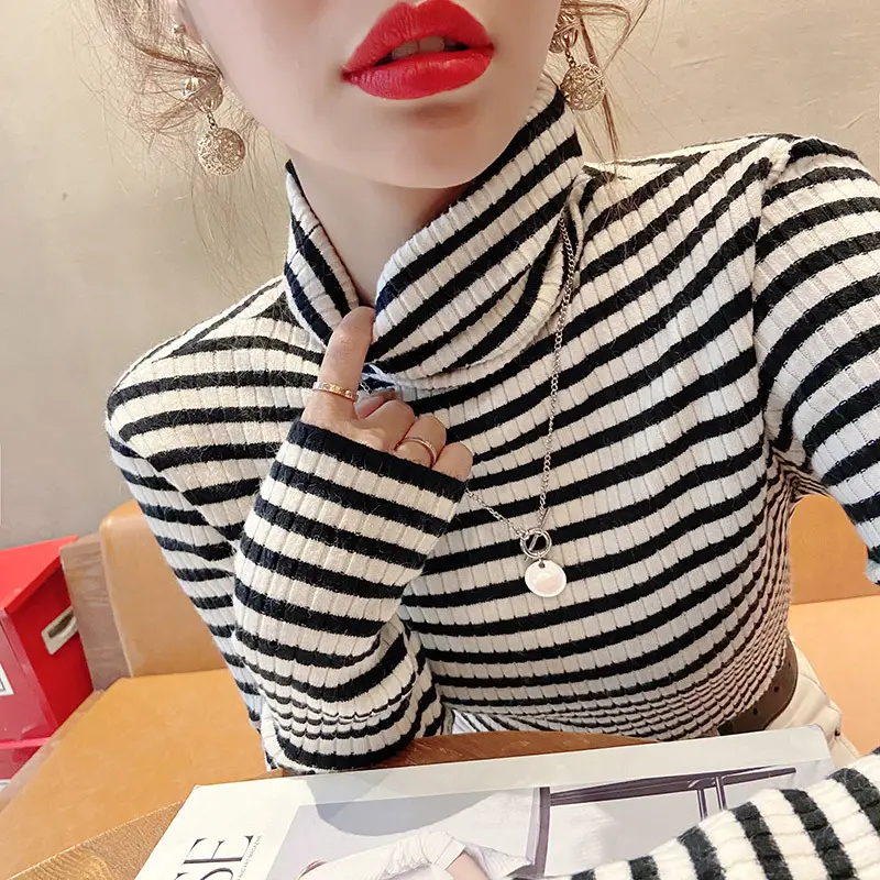Women Striped Turtleneck Sweater Winter Top - Image 3