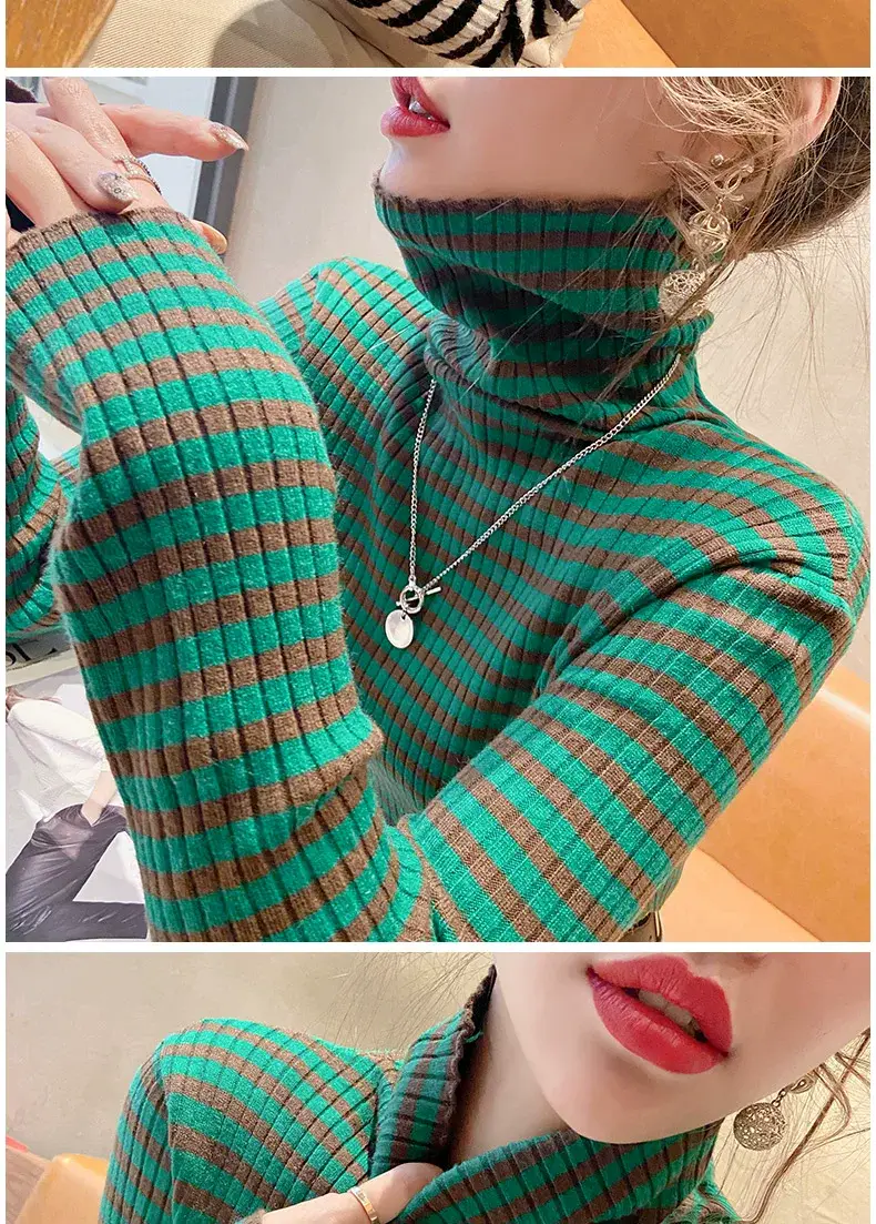 Women Striped Turtleneck Sweater Winter Top — feature 13