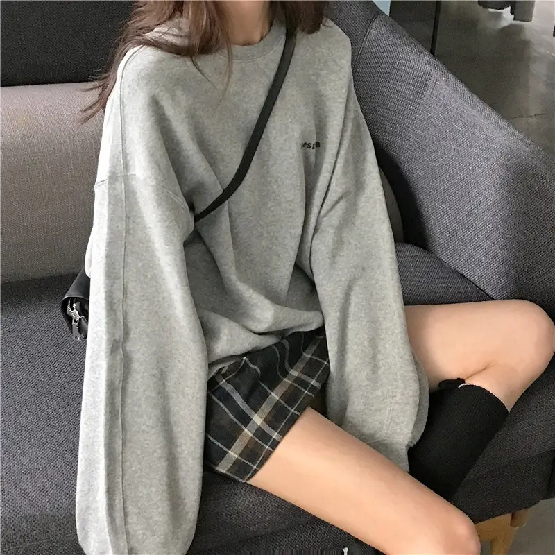 Women Grey Loose Sweatshirt Jacket with Plaid Shorts - Image 5