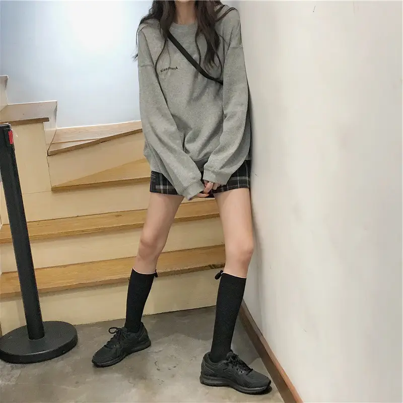 Women Grey Loose Sweatshirt Jacket with Plaid Shorts - Image 6