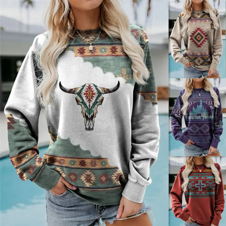 Western Style Long Sleeve Sweater Red Geometric Print - Image 5