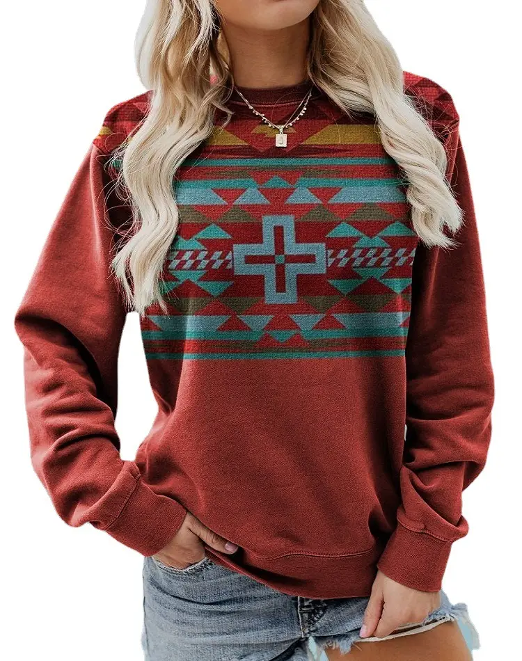 Western Style Long Sleeve Sweater Red Geometric Print - Image 6