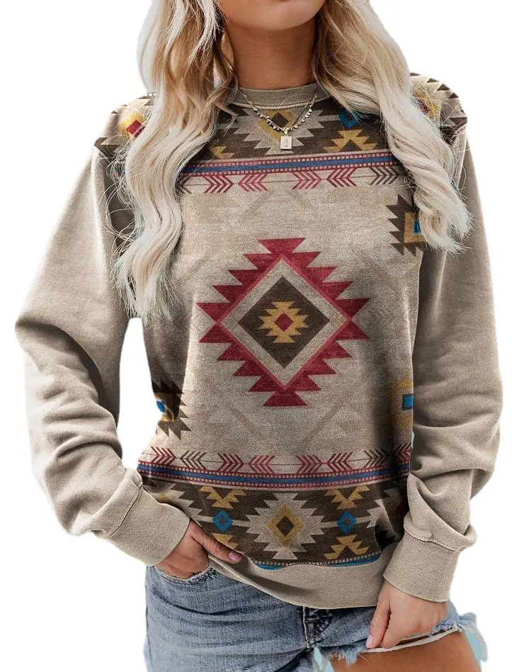 Western Style Long Sleeve Sweater Red Geometric Print - Image 7