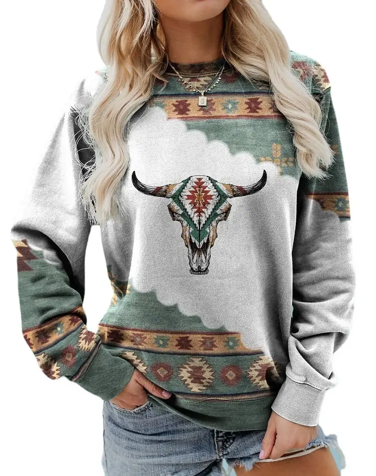 Western Style Long Sleeve Sweater Red Geometric Print - Image 9