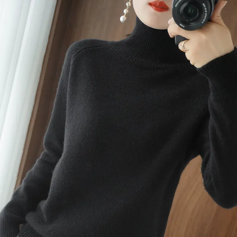Women Wool Knitted Half High Neck Sweater Large - Image 2