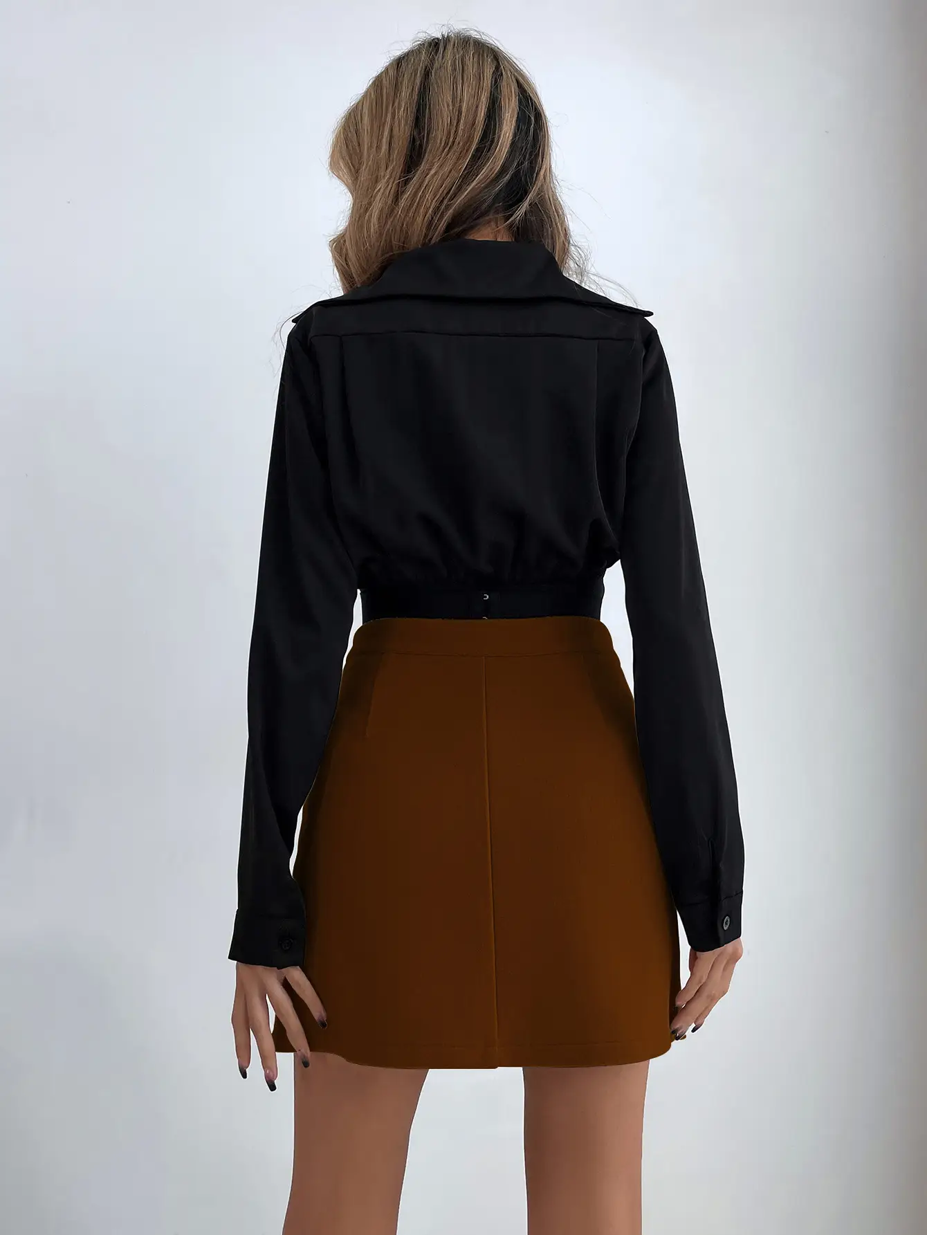 Women's High Waist Black Skirt Set with Long Sleeve Top — feature 13