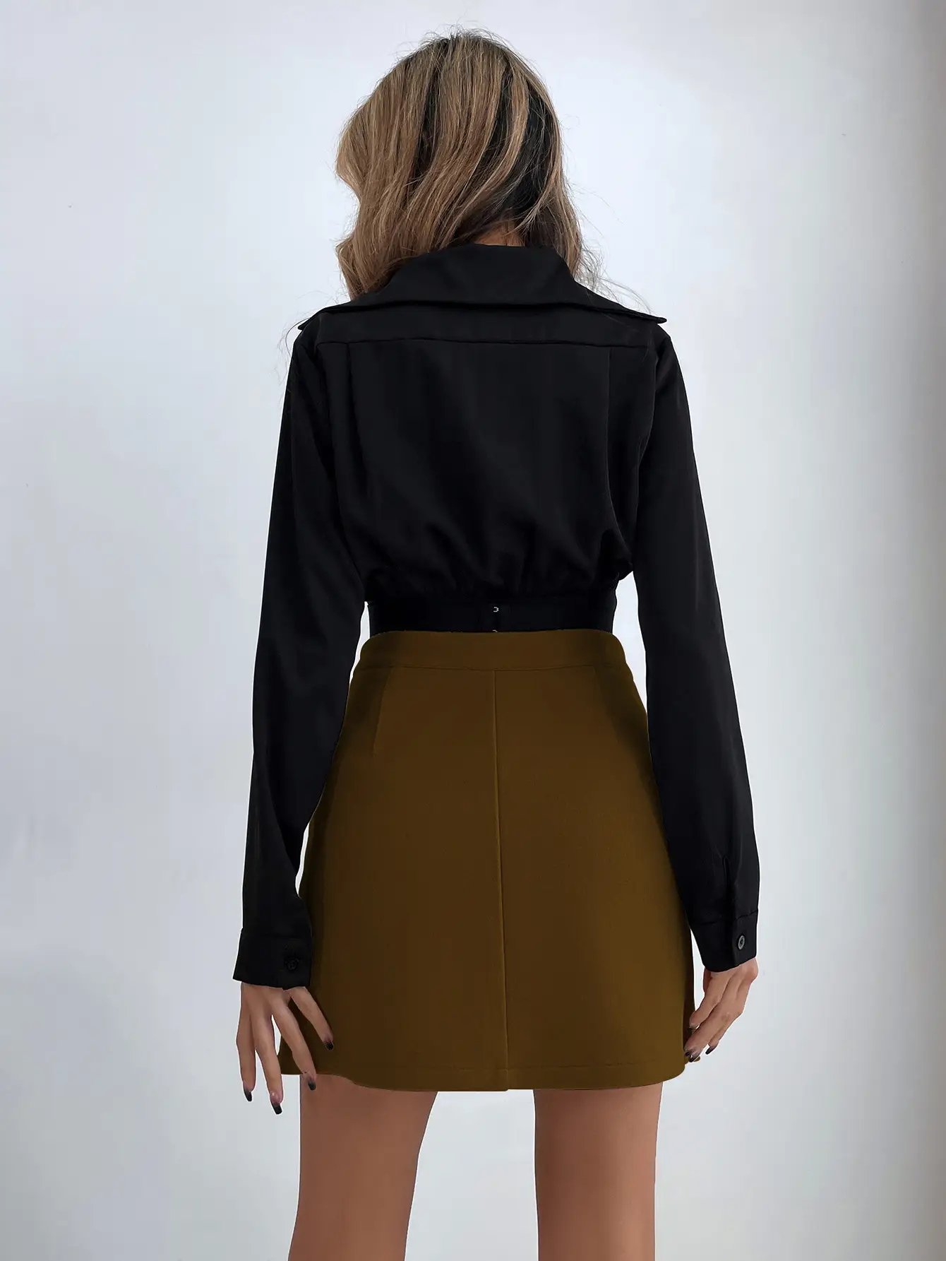 Women's High Waist Black Skirt Set with Long Sleeve Top — feature 19