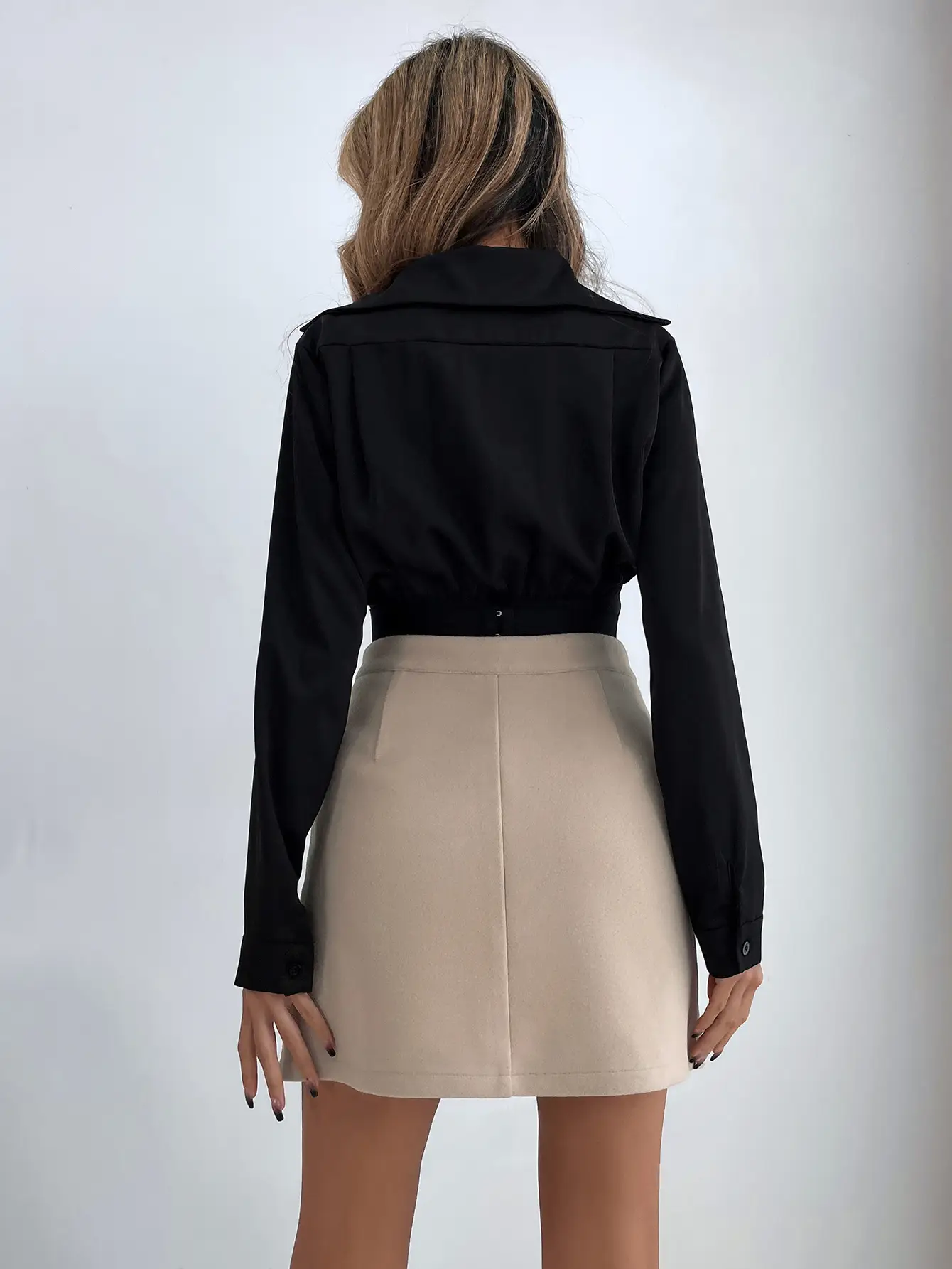 Women's High Waist Black Skirt Set with Long Sleeve Top — feature 2
