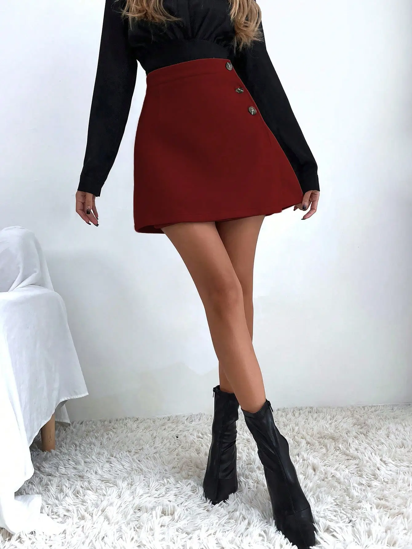 Women's High Waist Black Skirt Set with Long Sleeve Top — feature 31