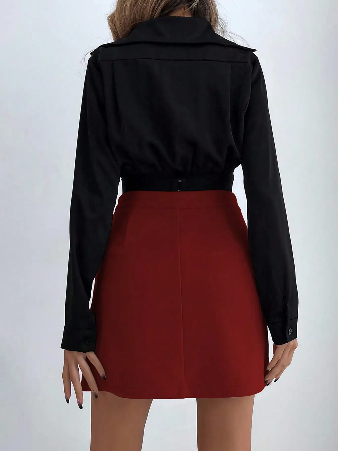 Women's High Waist Black Skirt Set with Long Sleeve Top — feature 34