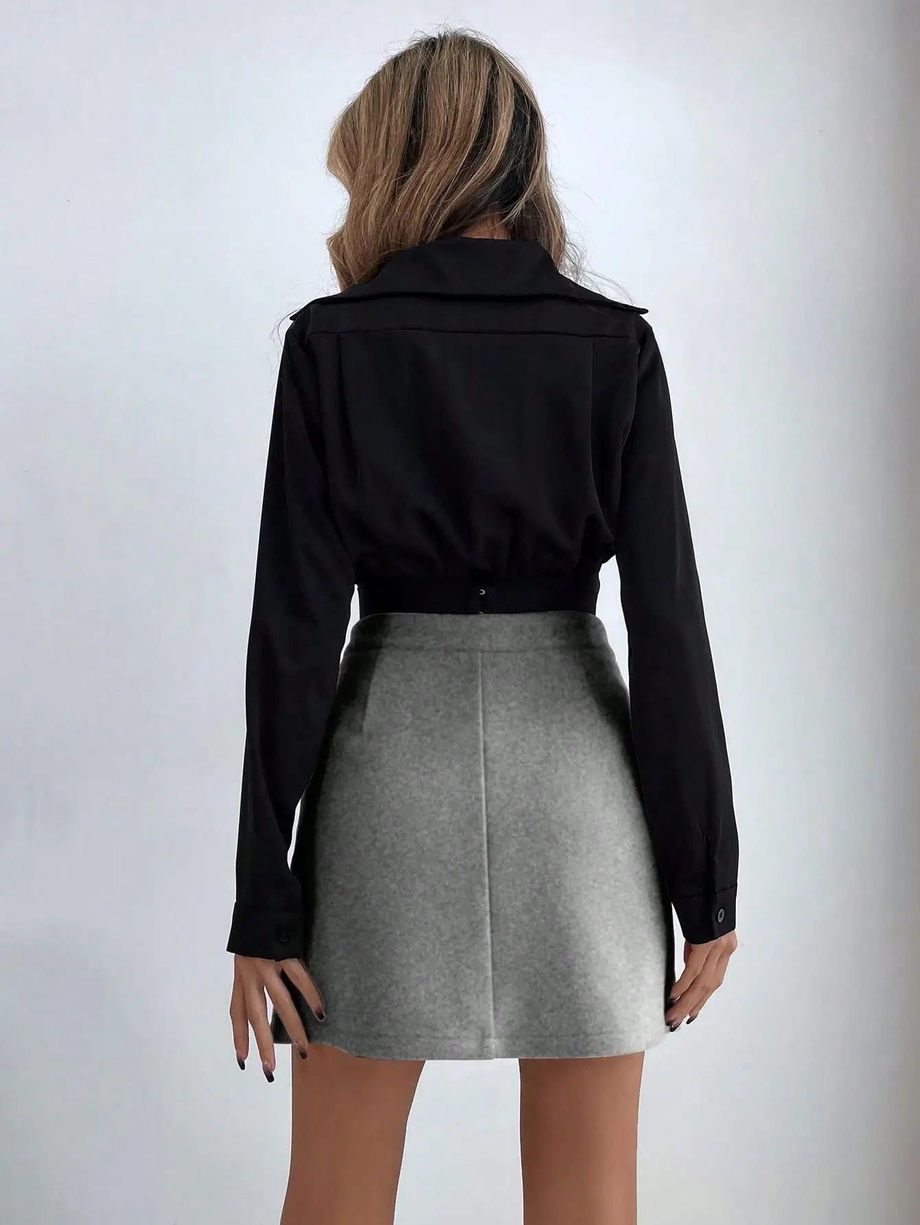 Women's High Waist Black Skirt Set with Long Sleeve Top — feature 40