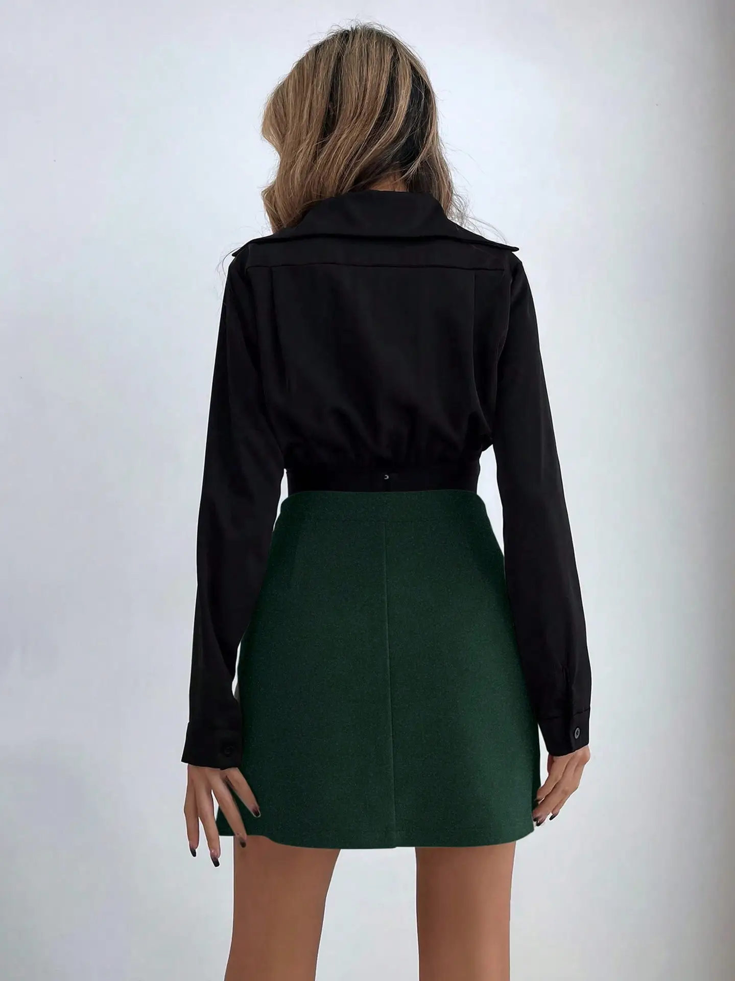 Women's High Waist Black Skirt Set with Long Sleeve Top — feature 42