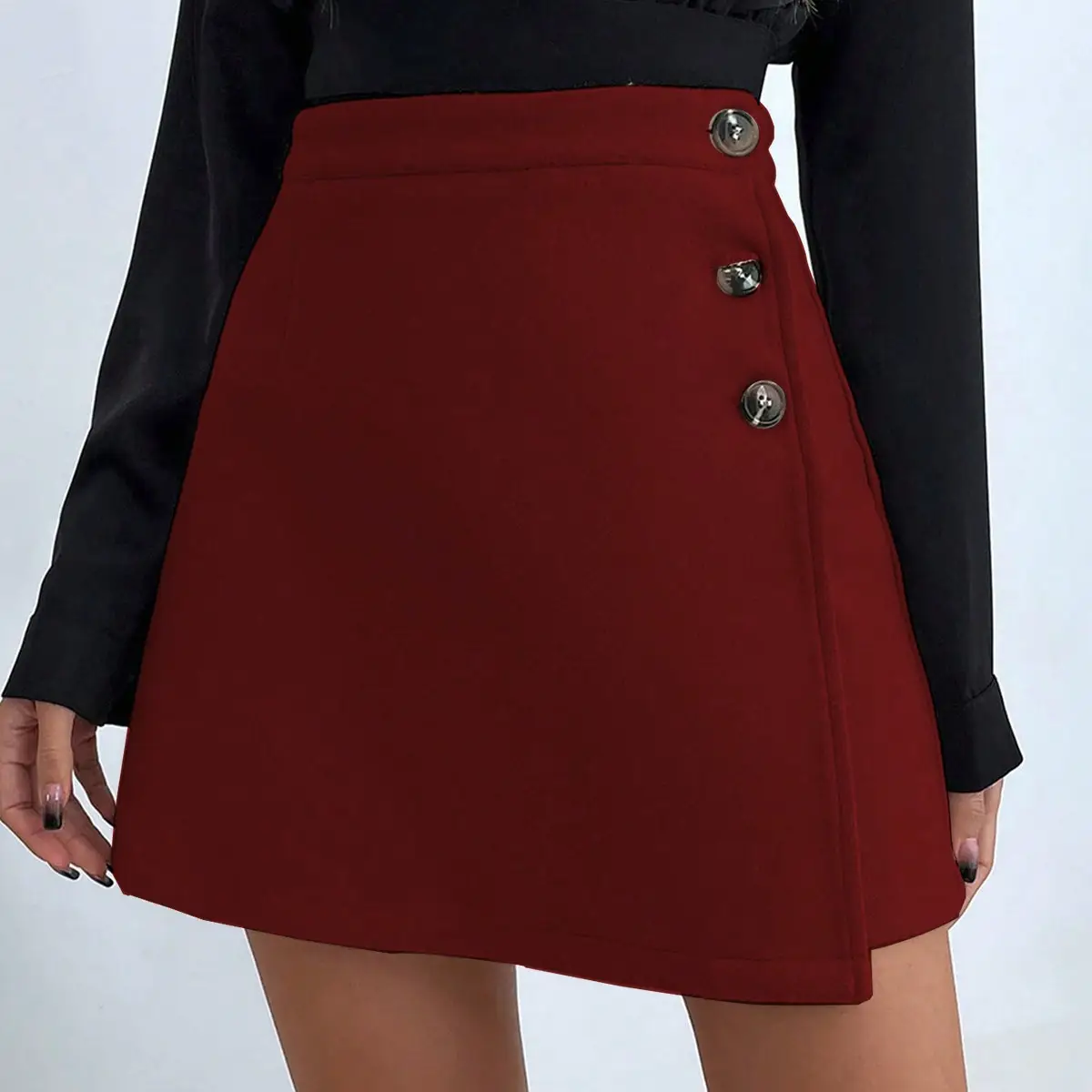 Women's High Waist Black Skirt Set with Long Sleeve Top