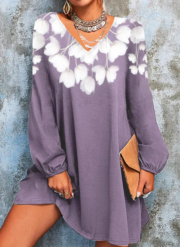 2023 Printed V Neck Long Sleeve Dress for Women Grey - Image 2