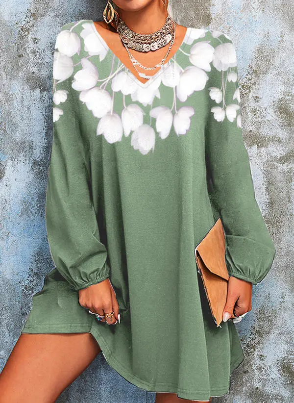 2023 Printed V Neck Long Sleeve Dress for Women Grey - Image 4
