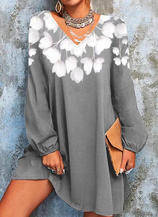 2023 Printed V Neck Long Sleeve Dress for Women Grey - Image 3