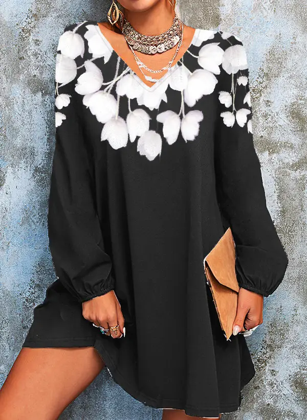 2023 Printed V Neck Long Sleeve Dress for Women Grey - Image 5