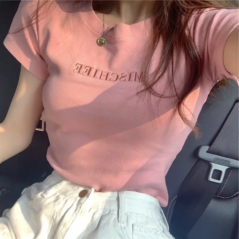 Women Pink Letter Short Sleeve T-Shirt Slim Fit 2021 - Image 5