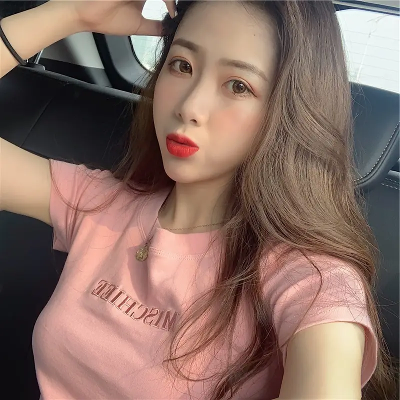 Women Pink Letter Short Sleeve T-Shirt Slim Fit 2021 - Image 6