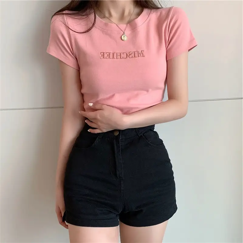 Women Pink Letter Short Sleeve T-Shirt Slim Fit 2021 - Image 8
