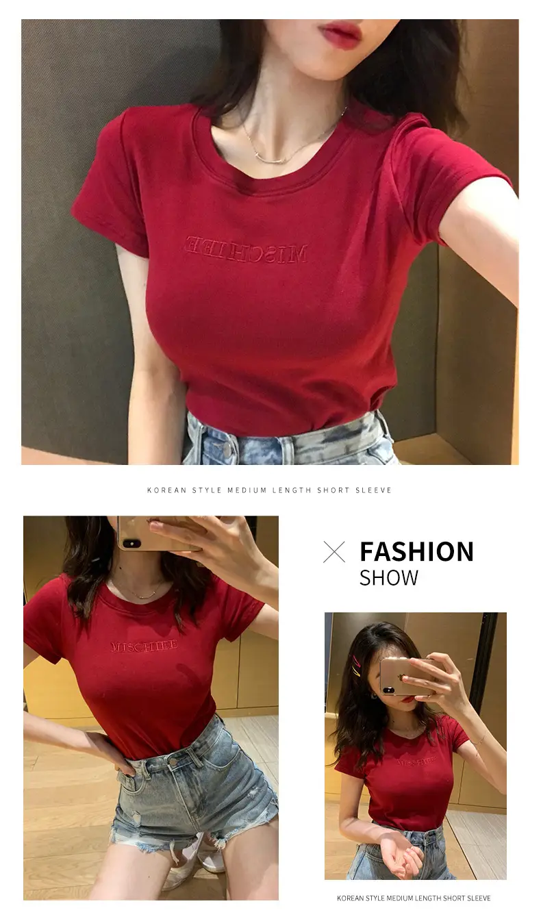 Women Pink Letter Short Sleeve T-Shirt Slim Fit 2021 — feature 10