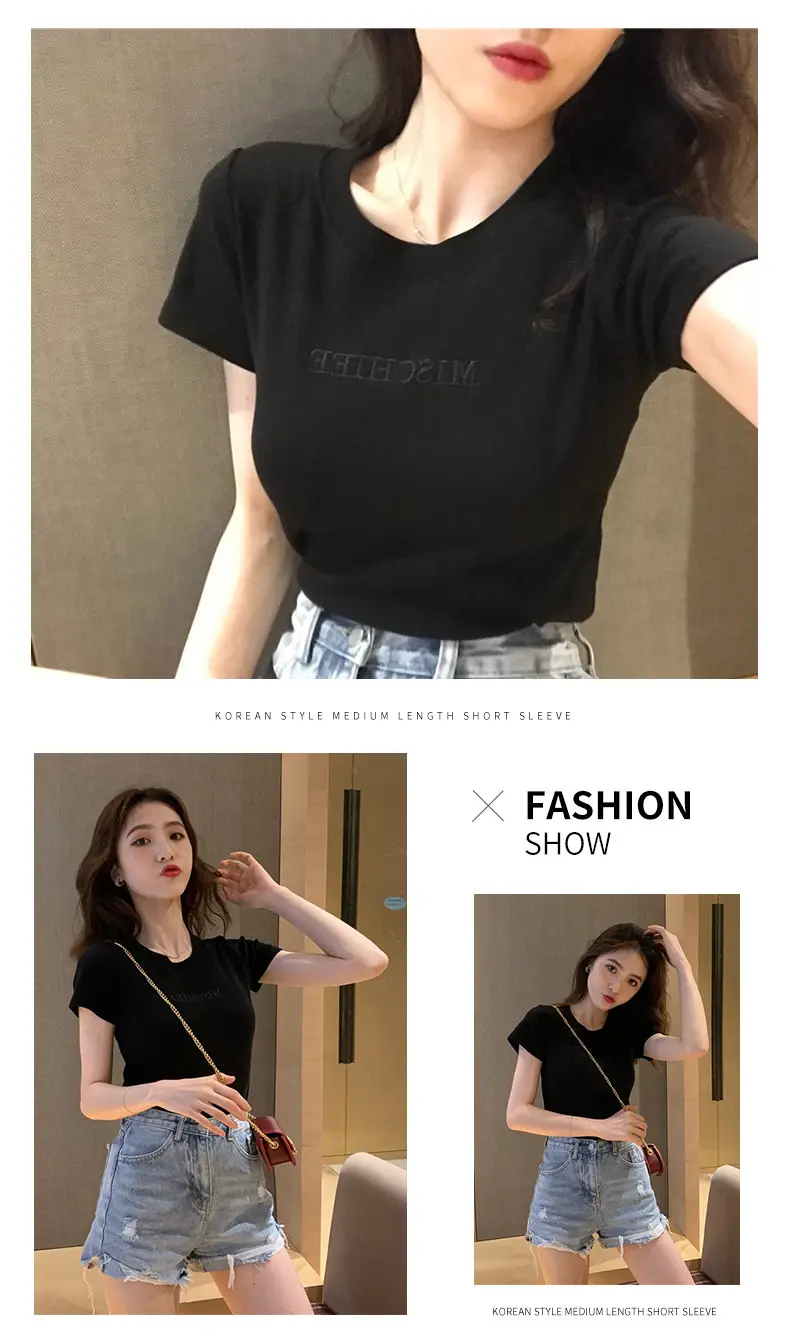 Women Pink Letter Short Sleeve T-Shirt Slim Fit 2021 — feature 8