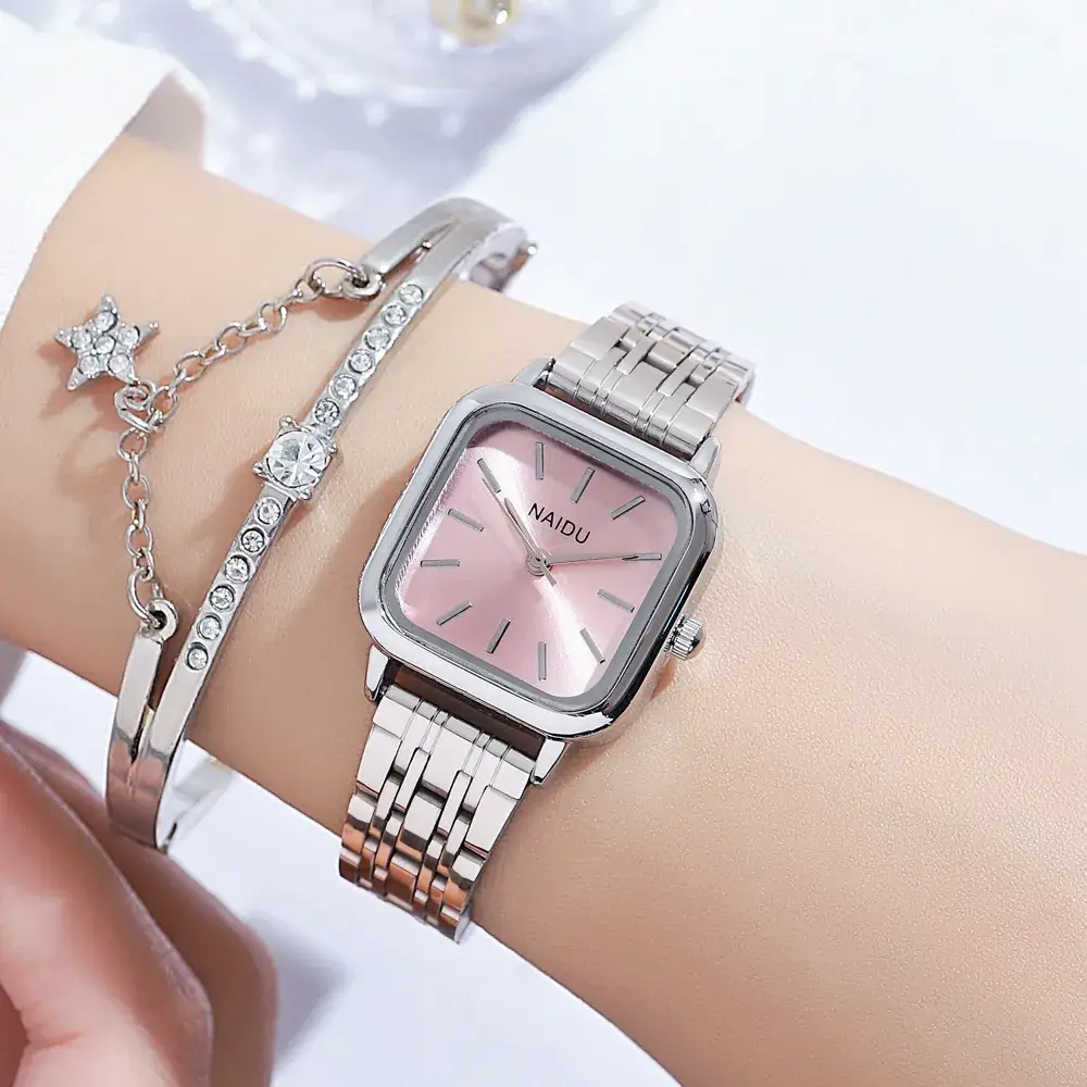 2021 Women's Square Steel Band Quartz Watch Pink Rose Gold