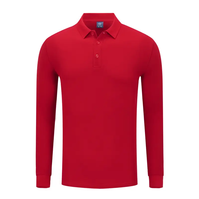 Men Red Polo Shirt Long Sleeve Button Down
