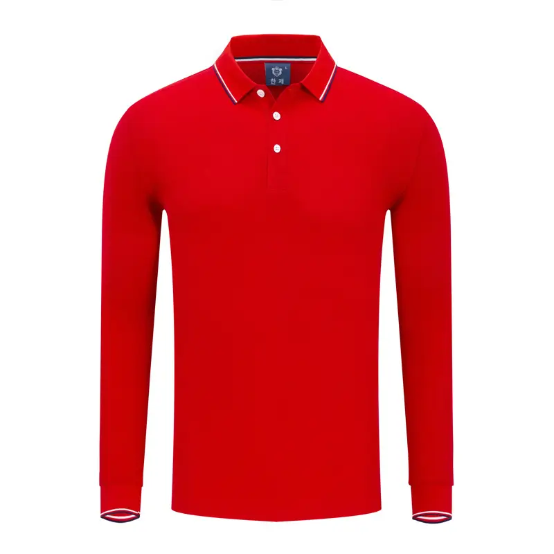 Men Red Polo Shirt Long Sleeve Button Down