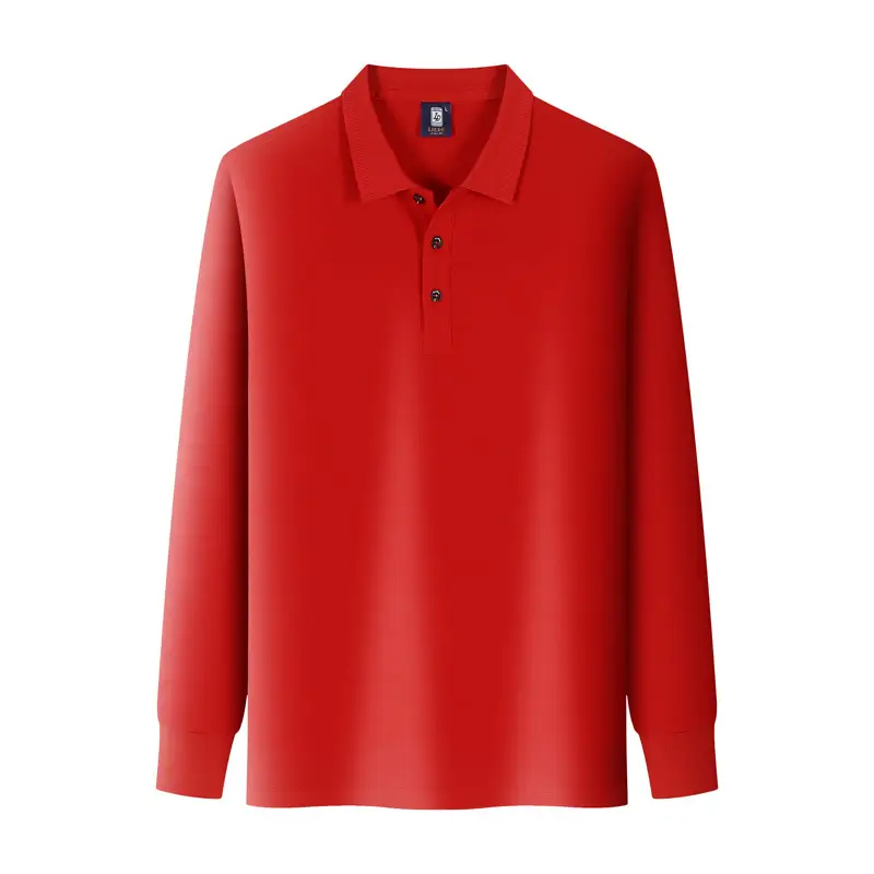 Men Red Polo Shirt Long Sleeve Button Down