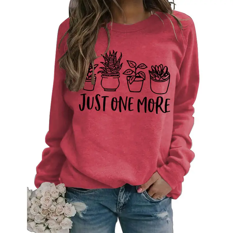 Pink Cotton Sweatshirt with Plant Print "Just One More" - Image 16