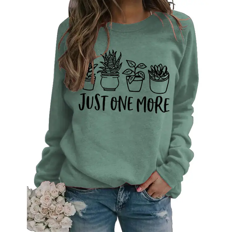 Pink Cotton Sweatshirt with Plant Print "Just One More" - Image 17
