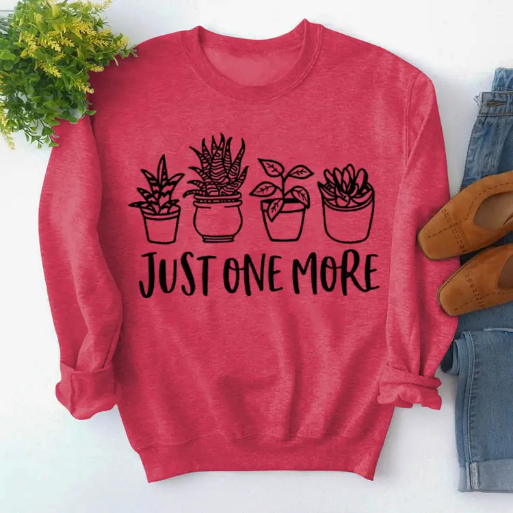 Pink Cotton Sweatshirt with Plant Print "Just One More" - Image 11