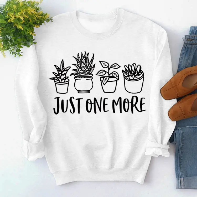 Pink Cotton Sweatshirt with Plant Print "Just One More" - Image 2
