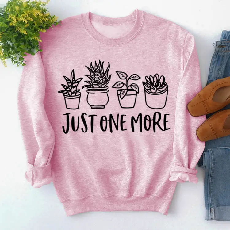 Pink Cotton Sweatshirt with Plant Print "Just One More" - Image 3