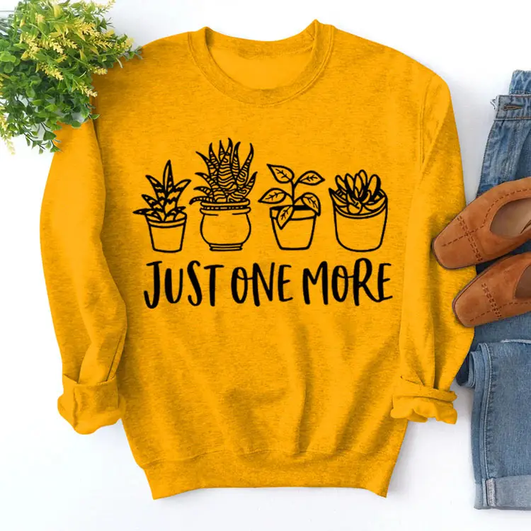Pink Cotton Sweatshirt with Plant Print "Just One More" - Image 4