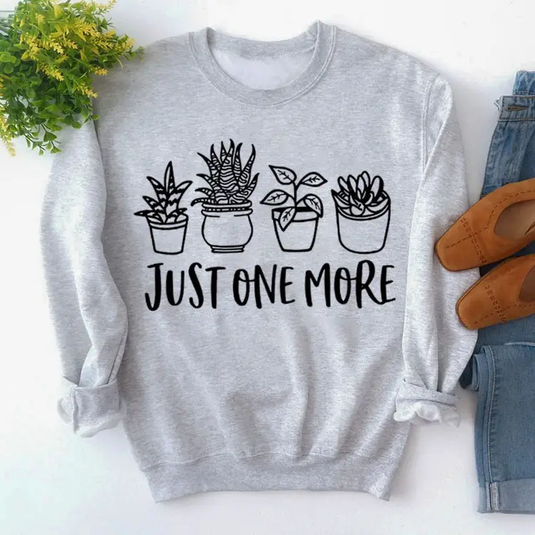 Pink Cotton Sweatshirt with Plant Print "Just One More" - Image 5