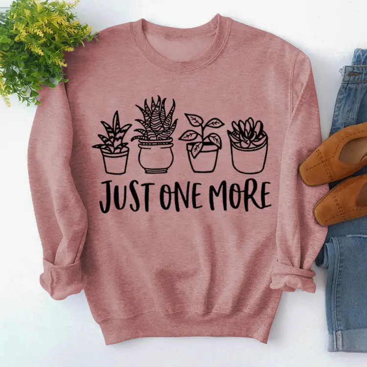 Pink Cotton Sweatshirt with Plant Print "Just One More" - Image 8