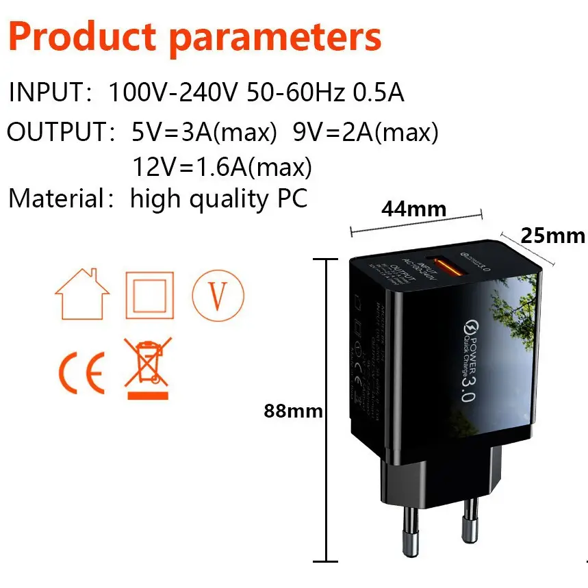 3A QC3.0 USB Fast Charging Charger Europe America Britain