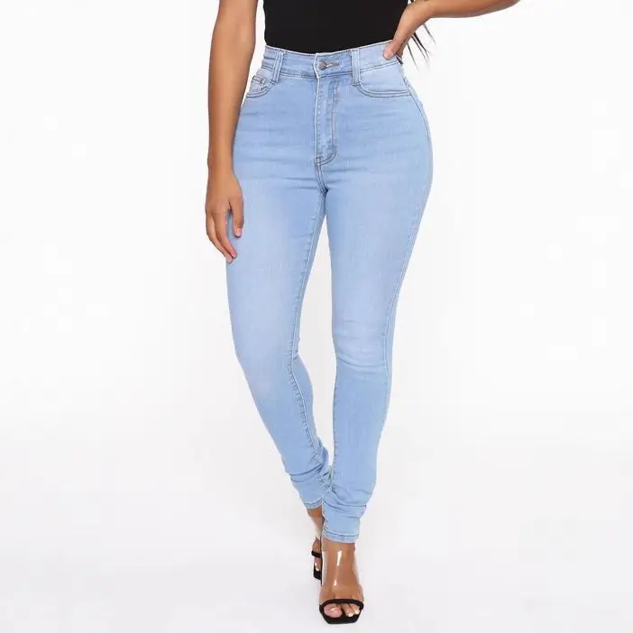 Women High Waist Elastic Jeans Blue Slim Fit Autumn 2021 - Image 7