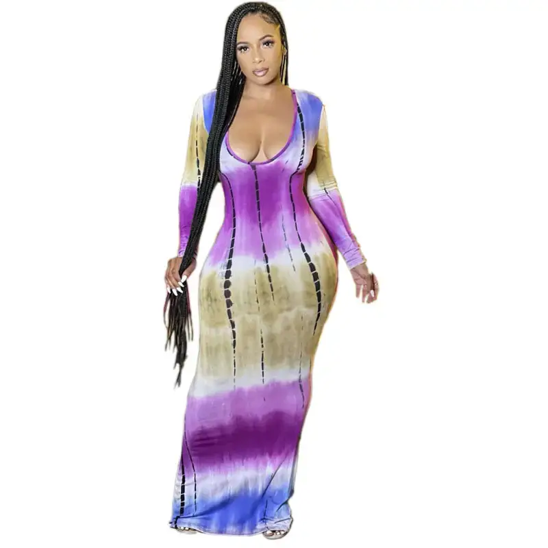 Printed Long Sleeve Tie-Dye Dress for Women