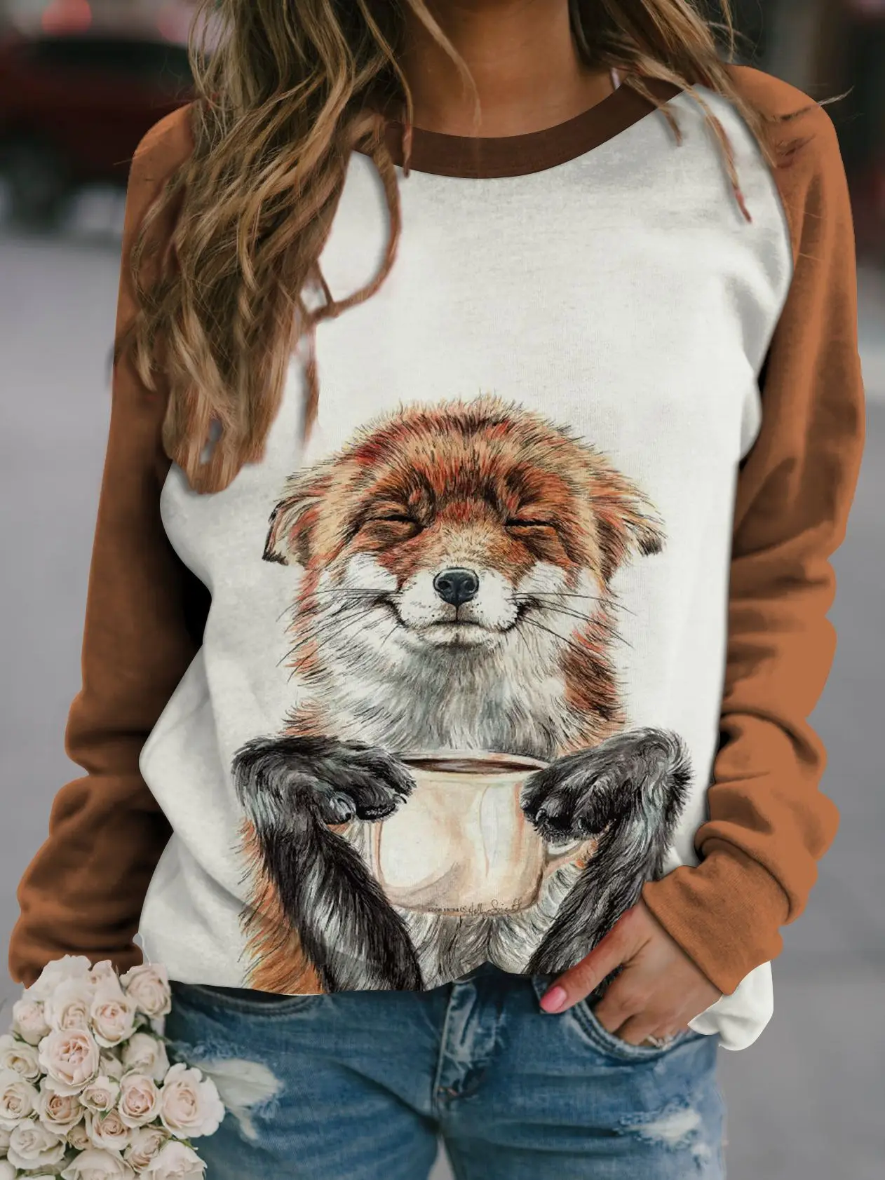 2022 3D Animal Print Raglan Pullover Sweater White Red