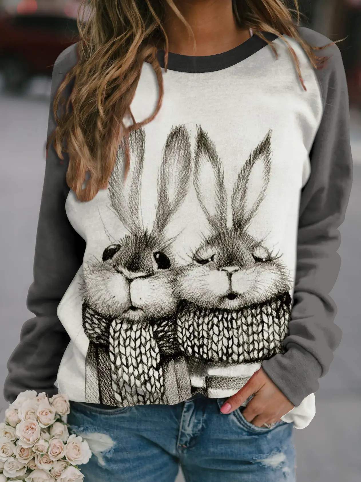 2022 3D Animal Print Raglan Pullover Sweater White Red