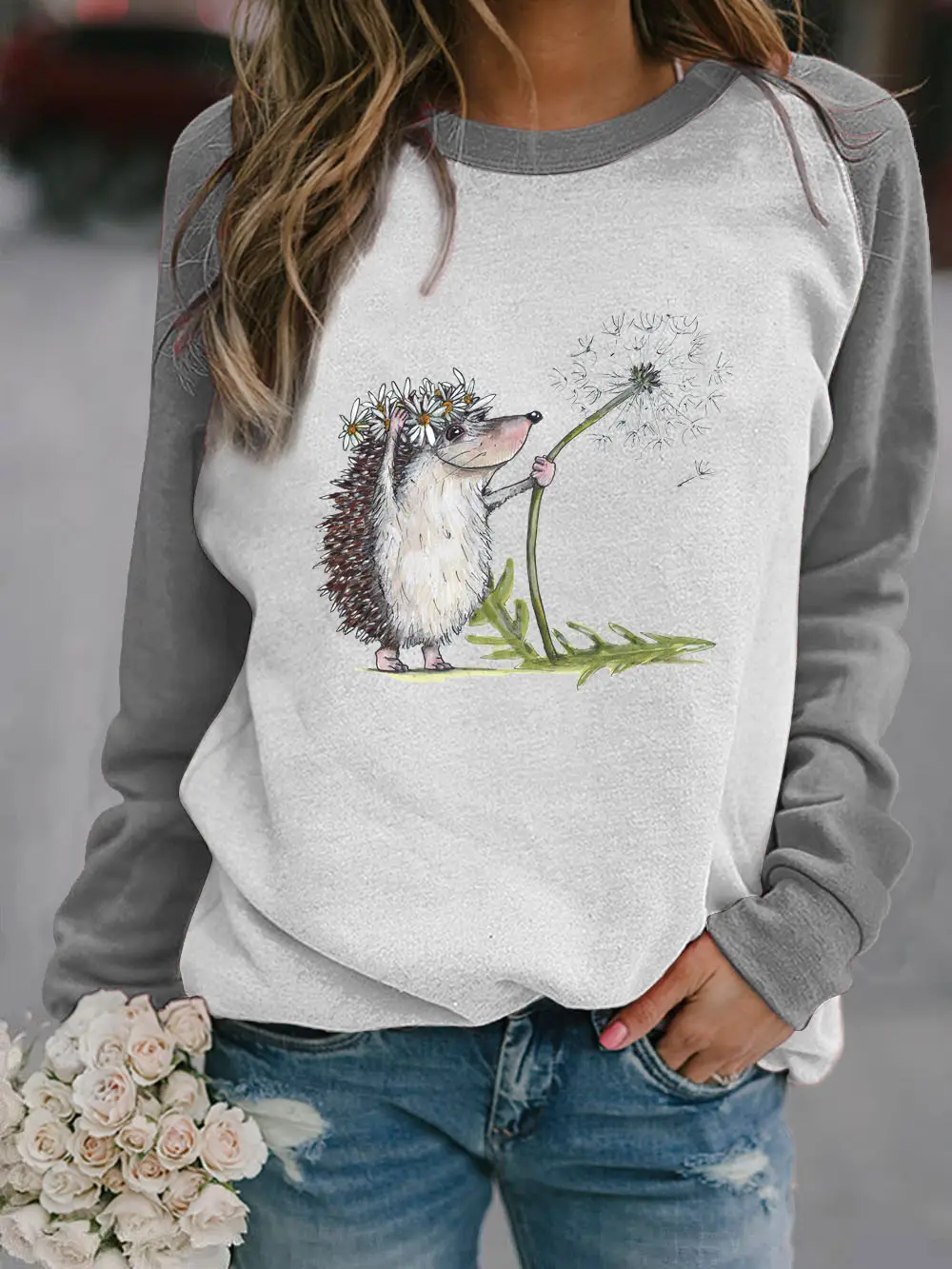 2022 3D Animal Print Raglan Pullover Sweater White Red