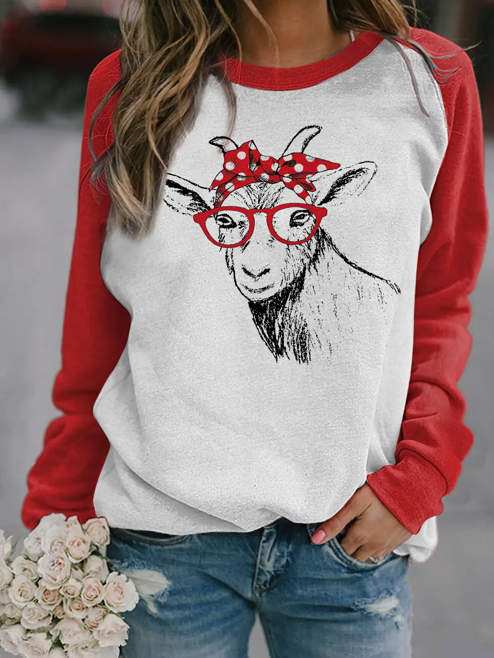 2022 3D Animal Print Raglan Pullover Sweater White Red