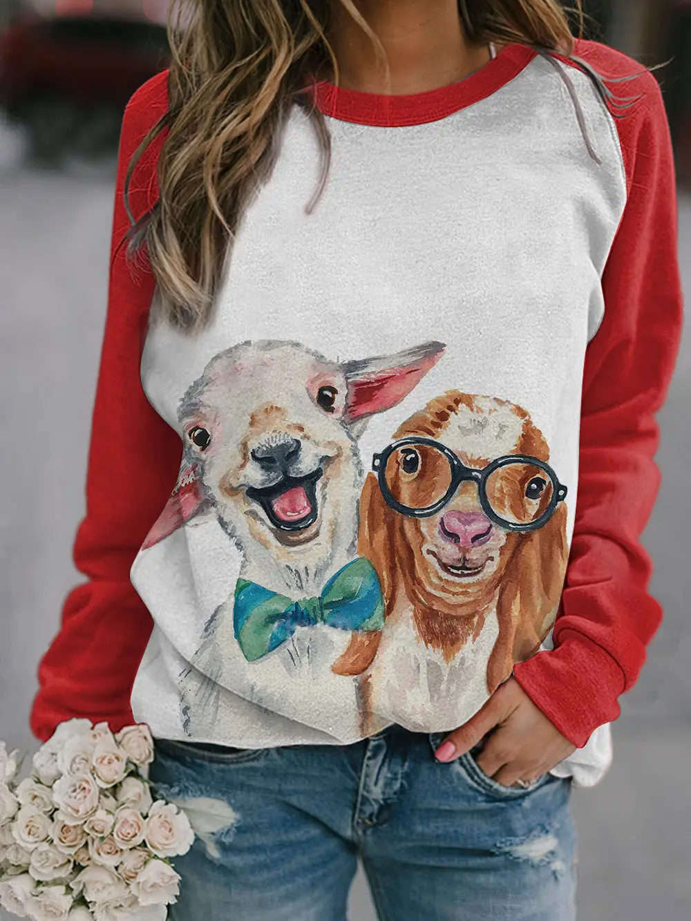 2022 3D Animal Print Raglan Pullover Sweater White Red