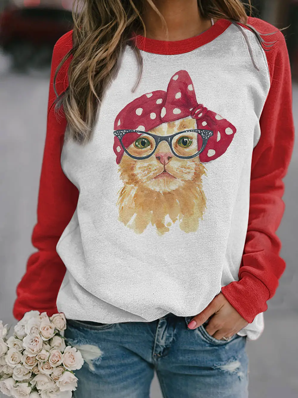 2022 3D Animal Print Raglan Pullover Sweater White Red