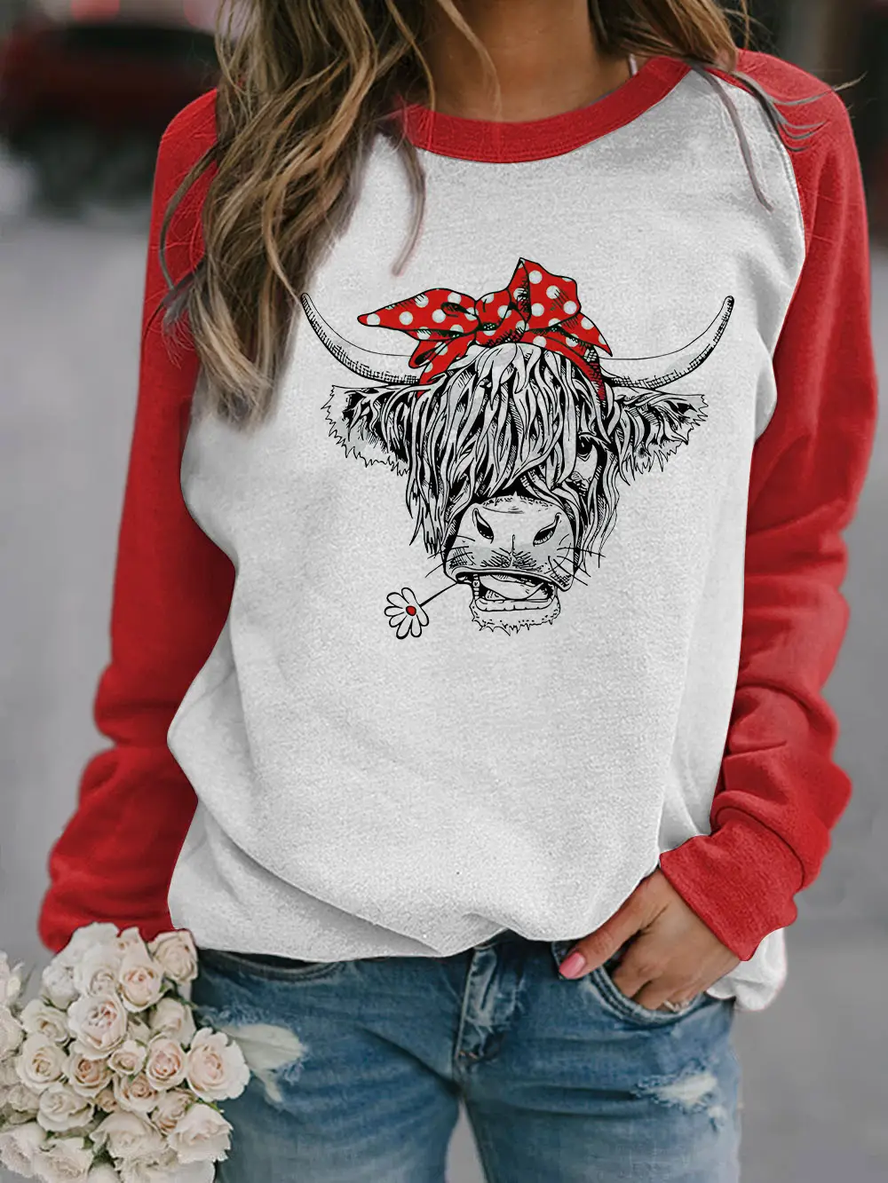 2022 3D Animal Print Raglan Pullover Sweater White Red